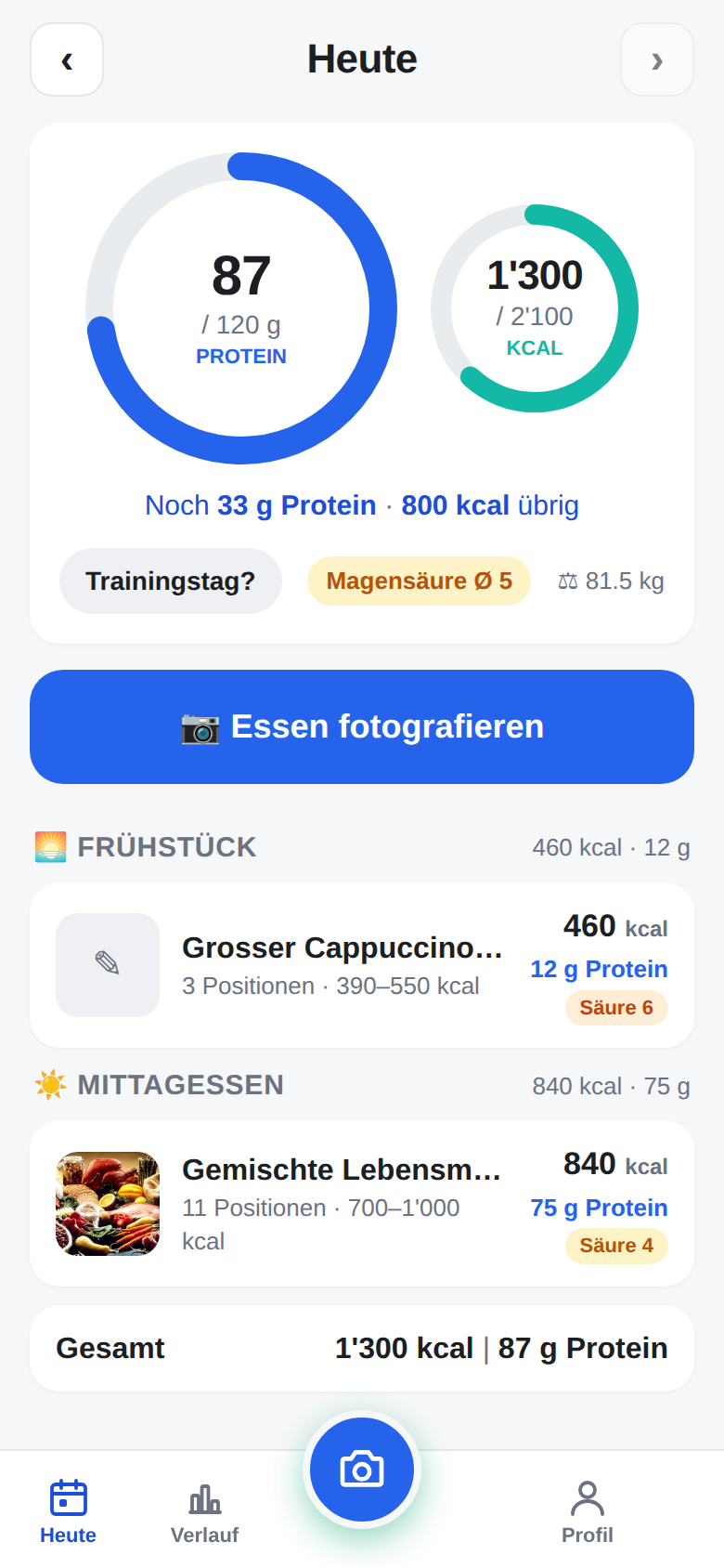 ProteinPeek Tagesbilanz: Proteinring und Kalorienring, Mahlzeiten mit Kalorien, Protein und Magensäure-Index